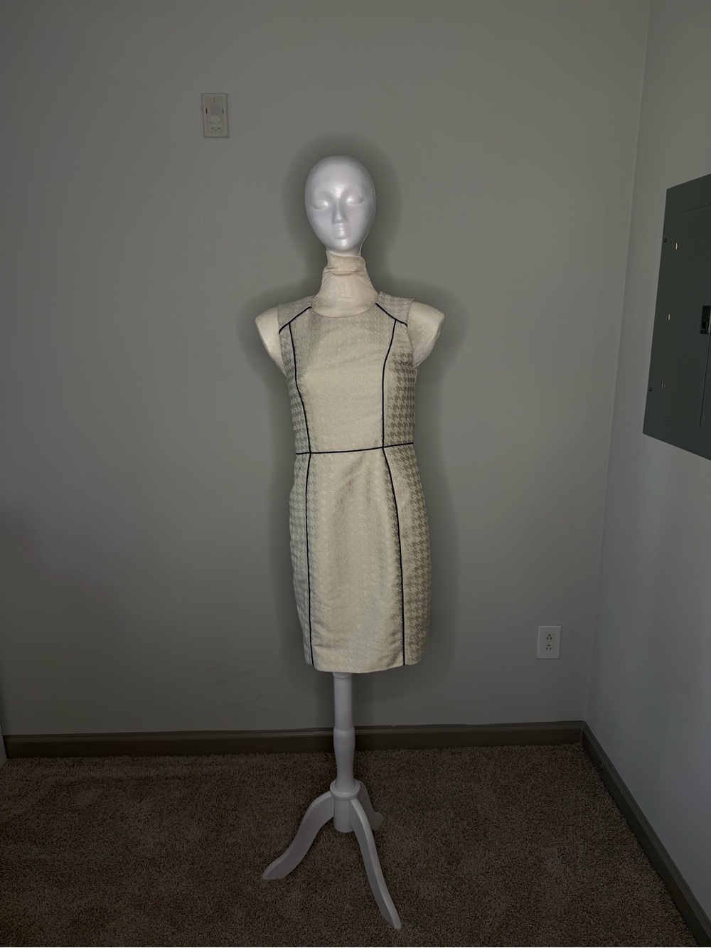 H&M Ivory Sleeveless High-Neck Midi Dress with Black Piping